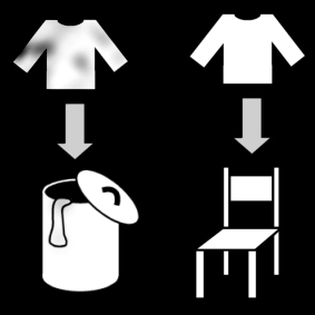 clothing: in the laundry bin if dirty, on the chair if not